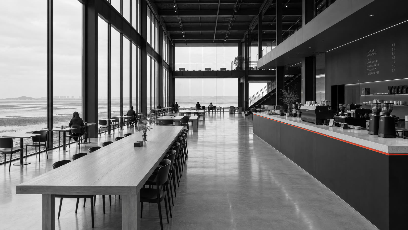 Cafe Coner-H: a double-height cafe hall with long oak tables, a black bar, and windows onto the tidal flats